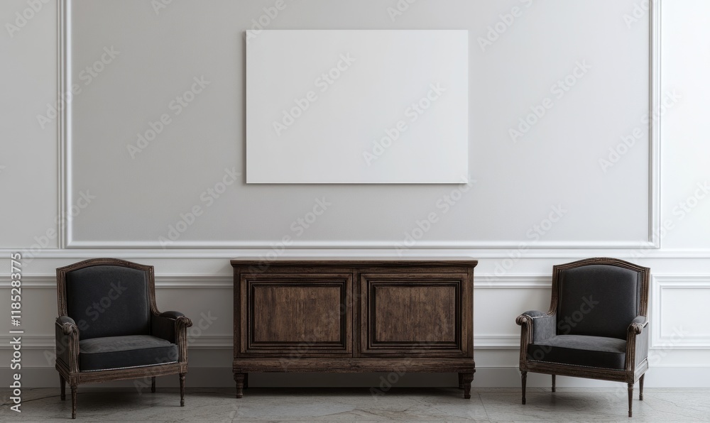 Blank canvas mockup above antique wooden cabinet flanked by armchairs in elegant room. Blank canvas mockup above antique wooden cabinet flanked by armchairs in elegant room.