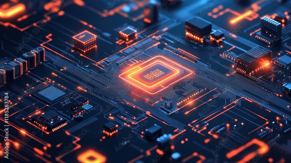 Close-up of a glowing CPU on a circuit board. Close-up of a glowing CPU on a circuit board.