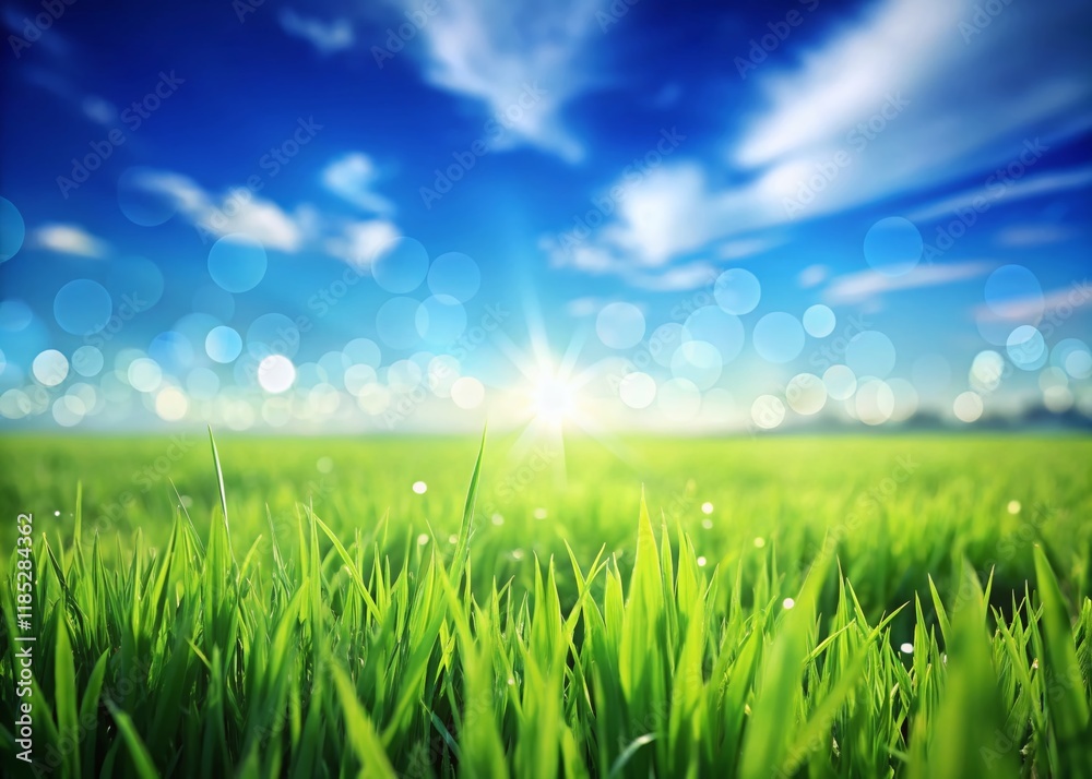 Lush Green Grass Field Under a Vivid Blue Sky with Bokeh Background - Stunning Nature Stock Photo Lush Green Grass Field Under a Vivid Blue Sky with Bokeh Background - Stunning Nature Stock Photo