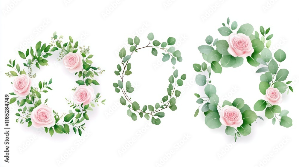 Pink rose, eucalyptus wreaths, floral design, white background, wedding stationery Pink rose, eucalyptus wreaths, floral design, white background, wedding stationery