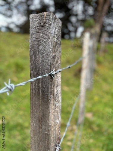Cerca de alambre de púas y poste de madera