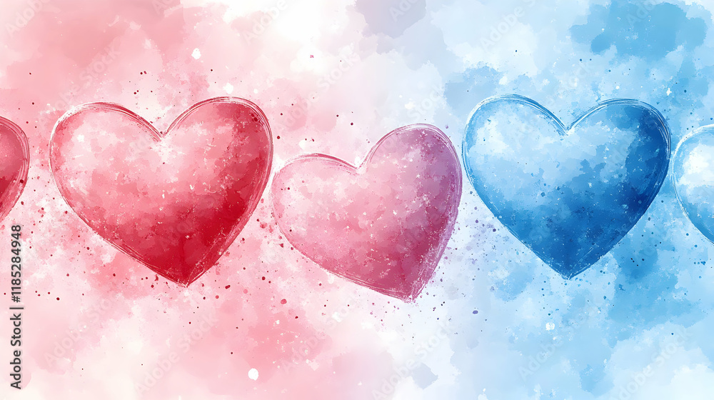 Obraz premium Watercolor hearts, love, banner, background, romance