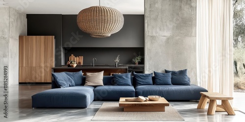 Wallpaper Mural Modern minimalist living room, open concept, blue sofa, wooden kitchen cabinets, large windows, natural light, pendant light, concrete ceiling, floating shelves, neutral color palette, Scandinavian de Torontodigital.ca