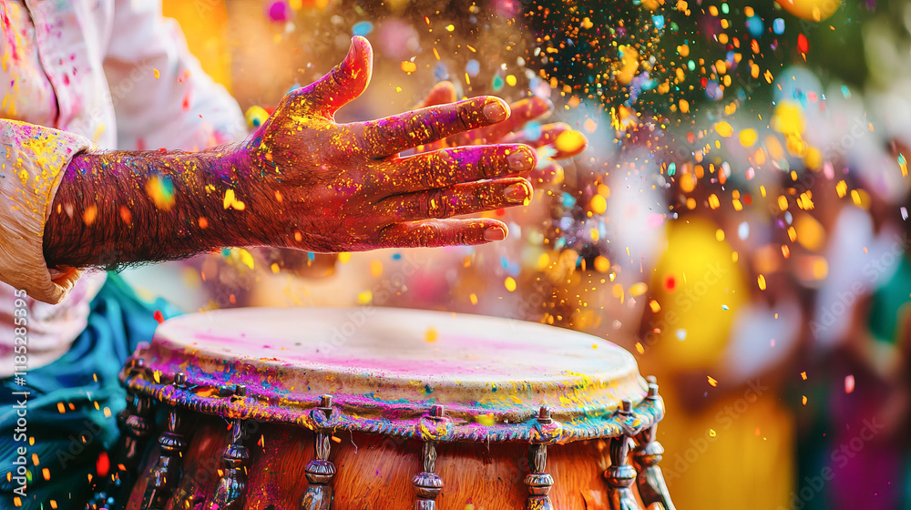 Fototapeta premium Vibrant Celebration of Indian Holi Festival with a Musician Playing Drums, Depicting Joy, Culture, and Tradition