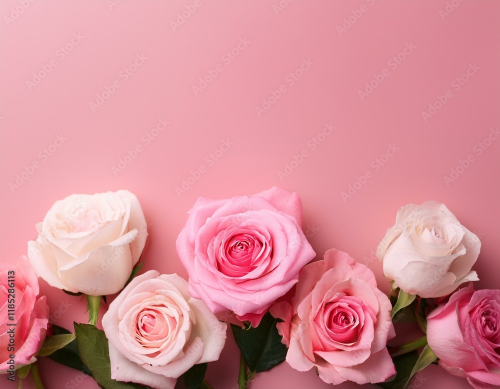 A solid rose pink background with five pink and white roses A solid rose pink background with five pink and white roses