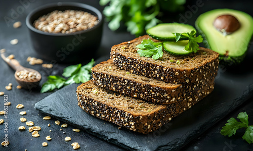 Avocado toast, healthy breakfast, dark background photo