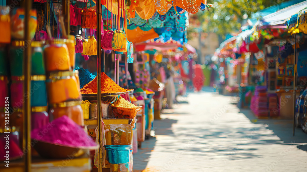 Obraz premium Vibrant Indian Holi Festival Market with Colorful Powder and Textiles. Concept of Festivals, Cultural Celebrations, Bright Traditions