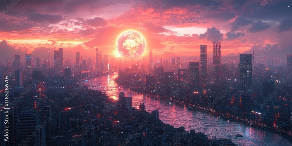 Fototapeta premium Futuristic Cyberpunk Cityscape with Neon Lights and Digital Globe Overlay