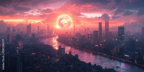 Futuristic Cyberpunk Cityscape with Neon Lights and Digital Globe Overlay