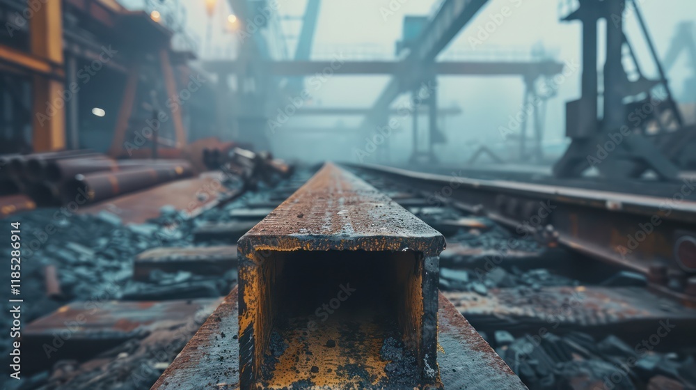 Macro shot of an 'L'-shaped steel bar with a high-carbon coating, lying on a pile of construction materials, with a metalworking facility and machines in the hazy distance Macro shot of an 'L'-shaped steel bar with a high-carbon coating, lying on a pile of construction materials, with a metalworking facility and machines in the hazy distance