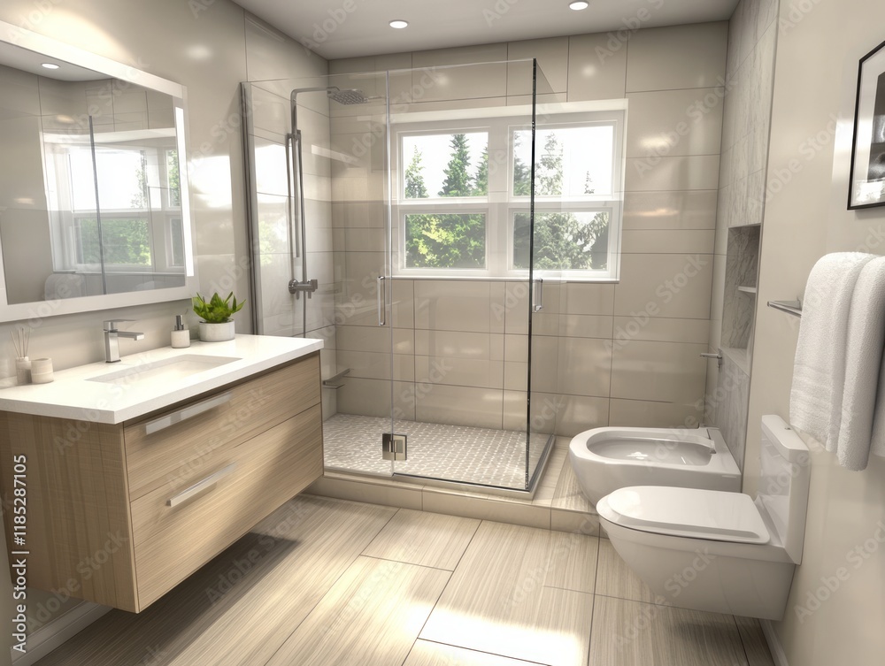 Modern Beige Bathroom With Glass Shower And Modern Fixtures Modern Beige Bathroom With Glass Shower And Modern Fixtures