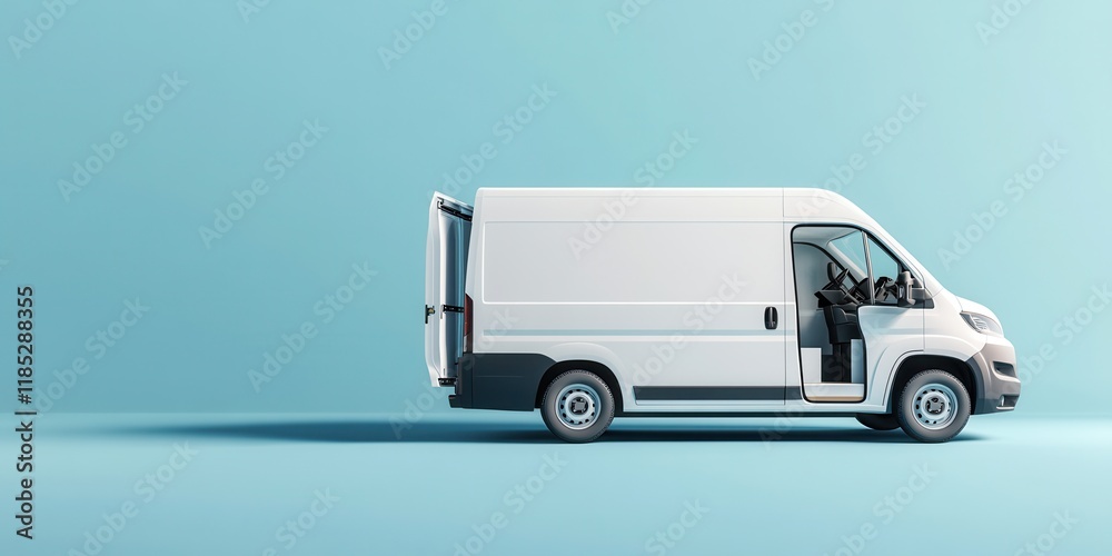 White delivery van parked on a light blue background with an open sliding door showcasing interior space. White delivery van parked on a light blue background with an open sliding White delivery van parked on a light blue background with an open sliding door showcasing interior space. White delivery van parked on a light blue background with an open sliding