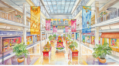 Vibrant Indian Holi Festival watercolor art of a colorful mall interior. Concept of cultural celebration, festive decorations photo