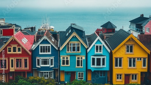 Row of Colorful Wooden Houses by the Ocean