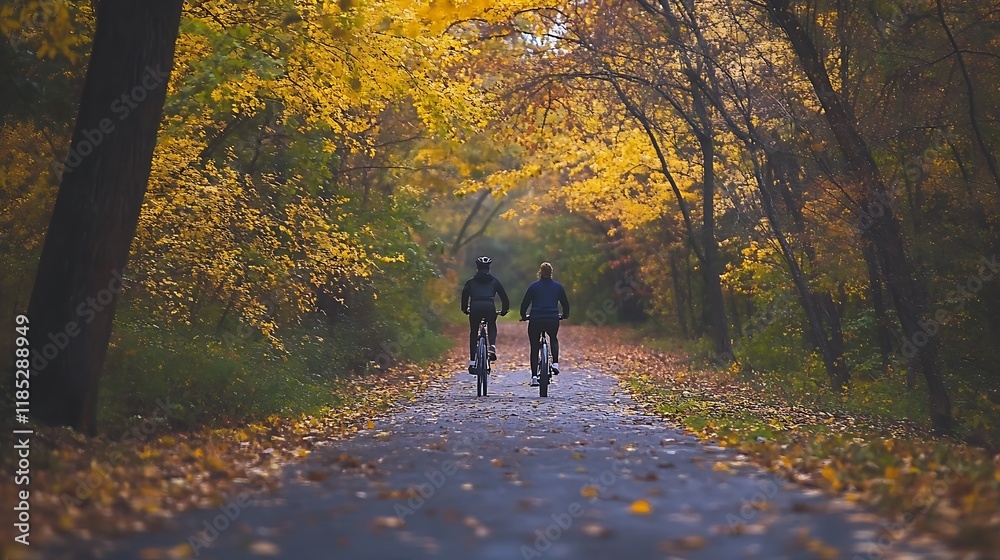 Two cyclists ride on a paved path through autumn foliage.