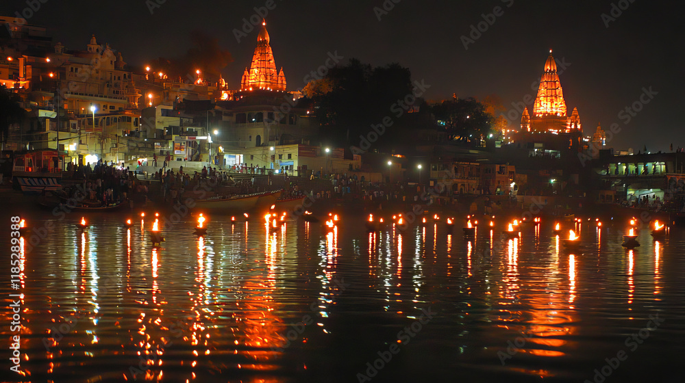 Obraz premium Illuminated Temples by the Ganges River at Night. Concept of Spiritual Rituals, Indian Festivals, Cultural Heritage