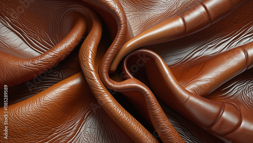 Close up of luxurious brown leather texture.  Draped folds showcase the material's supple quality and rich color.