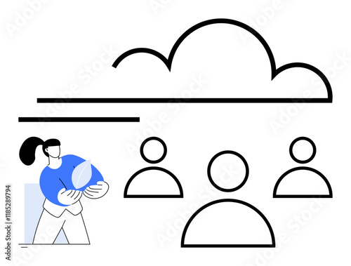 User holding a digital element under a cloud connected to three user icons. Ideal for teamwork, cloud technology, data sharing, collaboration, digital connectivity, networking, abstract line flat