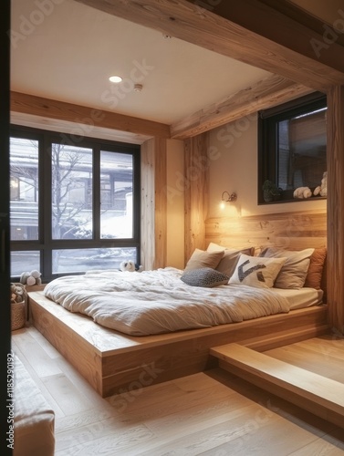 Wooden Platform Bed In A Co...