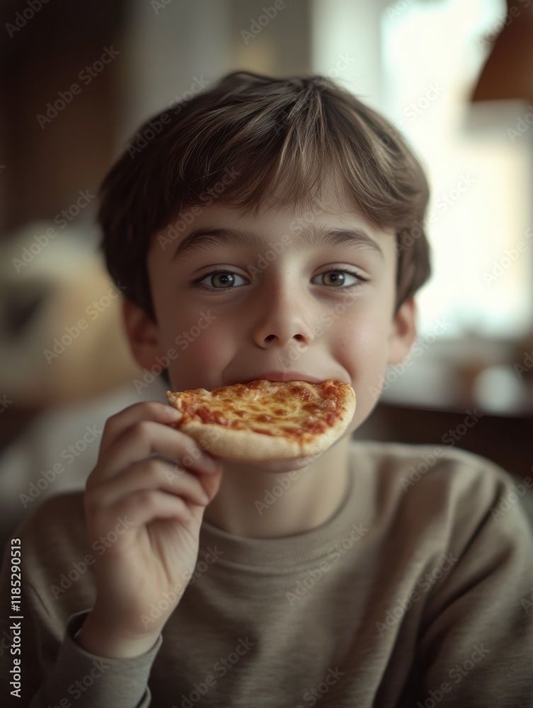 Pizza-Loving Boy: A charming boy with bright eyes happily devours a slice of cheesy pizza, his joyful expression capturing the simple pleasures of childhood. Pizza-Loving Boy: A charming boy with bright eyes happily devours a slice of cheesy pizza, his joyful expression capturing the simple pleasures of childhood.