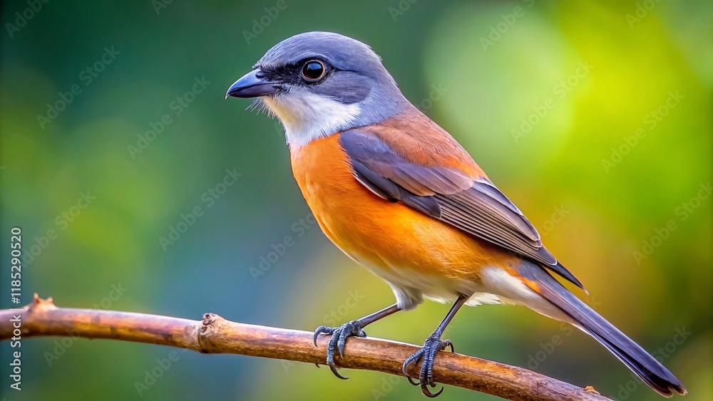 Macro Photography: Gray-Headed Reddish-Brown Burmese Shrike Perched on Branch Macro Photography: Gray-Headed Reddish-Brown Burmese Shrike Perched on Branch