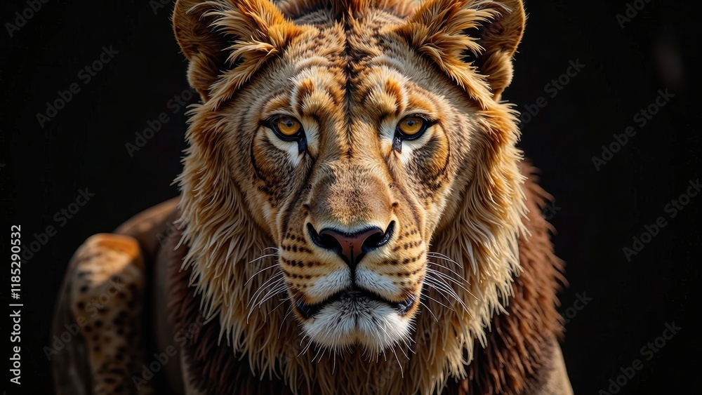 A majestic female lion's face fills the frame, its tawny coat gazing directly at you against an inky black backdrop A majestic female lion's face fills the frame, its tawny coat gazing directly at you against an inky black backdrop