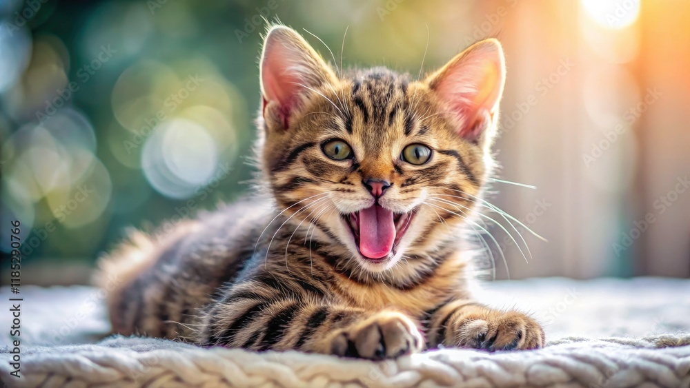 Obraz premium Slow-motion panoramic view: adorable striped kitten yawns, stretching adorably in cute slow motion.