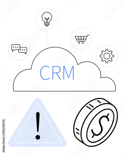 Cloud labeled CRM with icons for communication, idea, shopping cart, and cogwheel. Dollar coin and triangle warning sign emphasize financial growth and risks. Ideal for business, finance, strategy