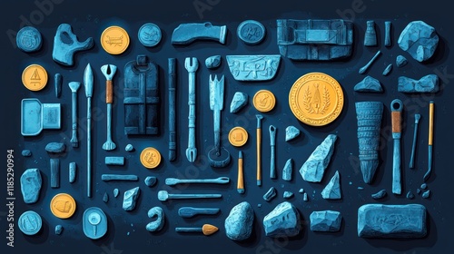 Ancient artifacts and tools on dark background. photo