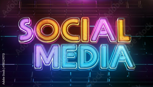 インターネット上のコミュニケーションツール、social mediaの英語のフレーズ文字が書かれたネオン文字。 aiで生成