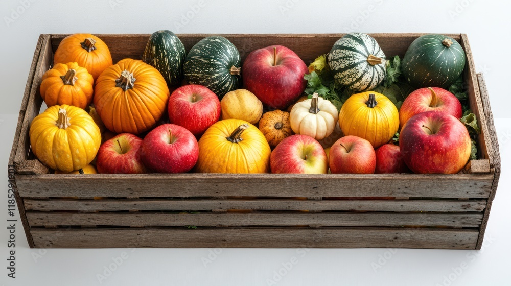 Wooden crate filled with autumn harvest apples and pumpkins. Wooden crate filled with autumn harvest apples and pumpkins.
