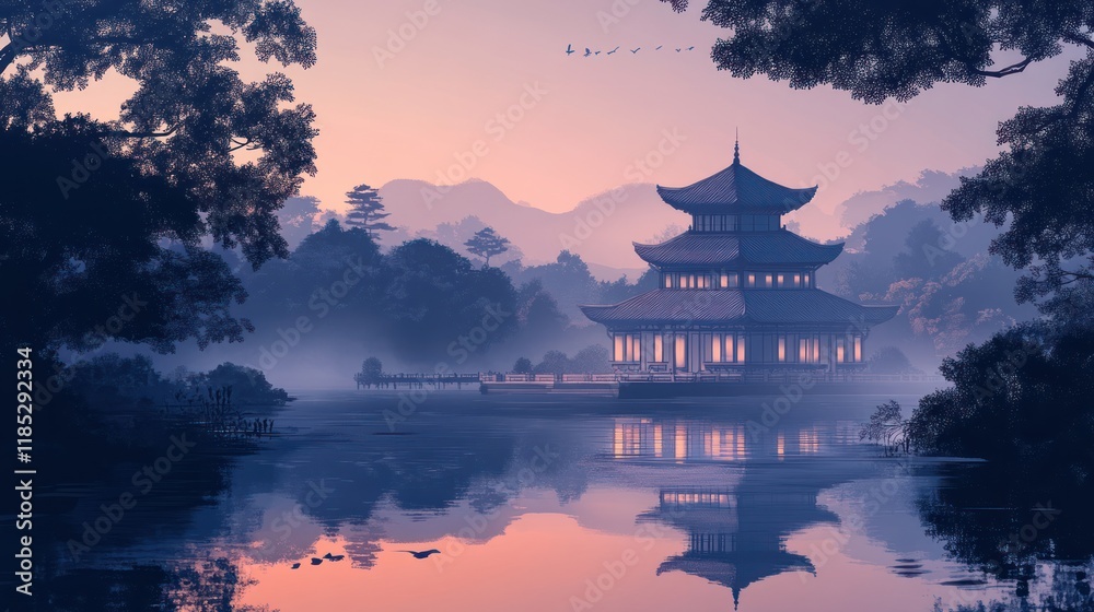 Serene pagoda on misty lake at dawn. Serene pagoda on misty lake at dawn.