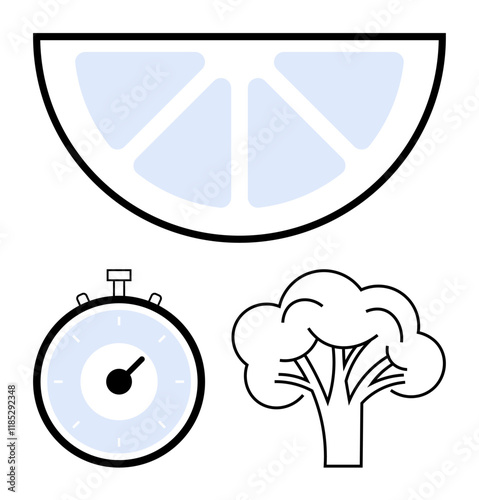 Lemon slice stopwatch tree set against white backdrop. Ideal for health, nutrition, punctuality, nature, simplicity, minimalism, wellness themes. Line metaphor