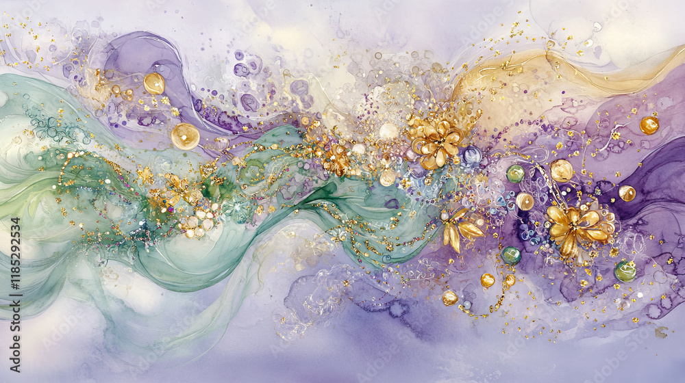 Elegant Mardi Gras Art with Whimsical Swirls and Golden Accents, Concept of Festive Celebration, Vibrant Colorful Design. Copy space Elegant Mardi Gras Art with Whimsical Swirls and Golden Accents, Concept of Festive Celebration, Vibrant Colorful Design. Copy space