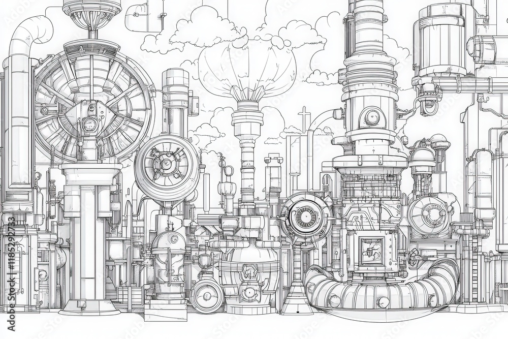Fototapeta premium Intricate industrial machinery drawing with detailed pipes and gears in a complex design