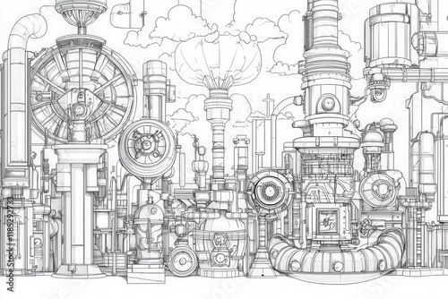 Intricate industrial machinery drawing with detailed pipes and gears in a complex design