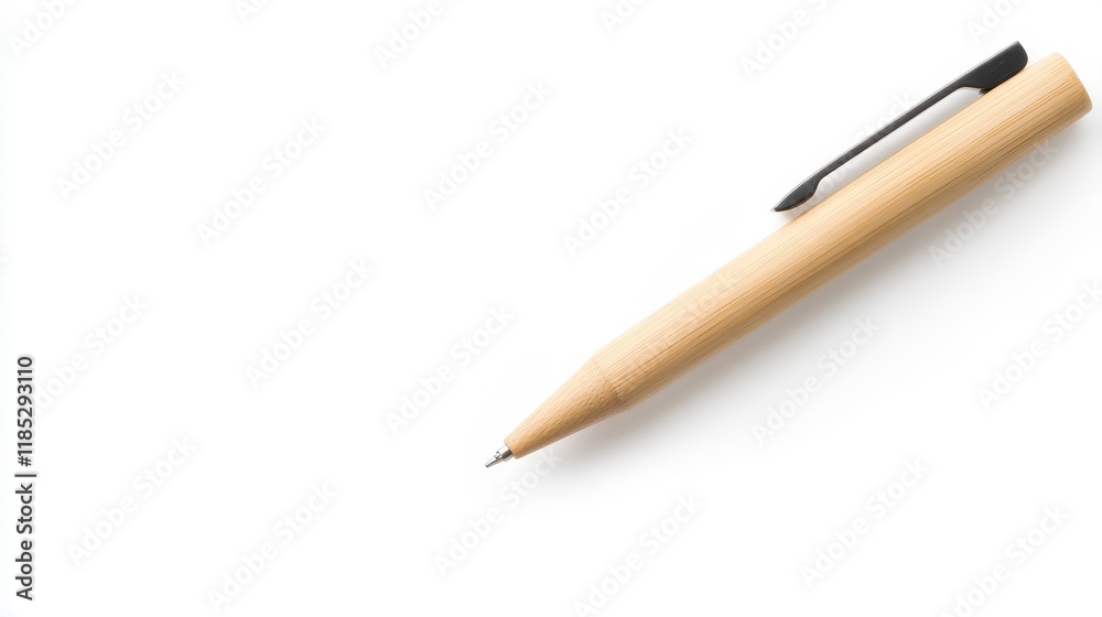 Minimalistic Bamboo Pen With Black Clip Placed on a Clean White Surface Ideal for Eco-Friendly Office and Stationery Conceptual Imagery Minimalistic Bamboo Pen With Black Clip Placed on a Clean White Surface Ideal for Eco-Friendly Office and Stationery Conceptual Imagery