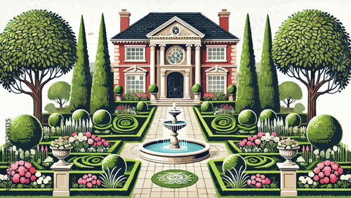 A formal front garden with perfectly symmetrical designs, featuring evenly trimmed boxwood hedges, a central water fountain, and neatly arranged flower beds, creating an elegant entryway for a stately