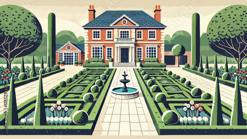 A formal front garden with perfectly symmetrical designs, featuring evenly trimmed boxwood hedges, a central water fountain, and neatly arranged flower beds, creating an elegant entryway for a stately photo