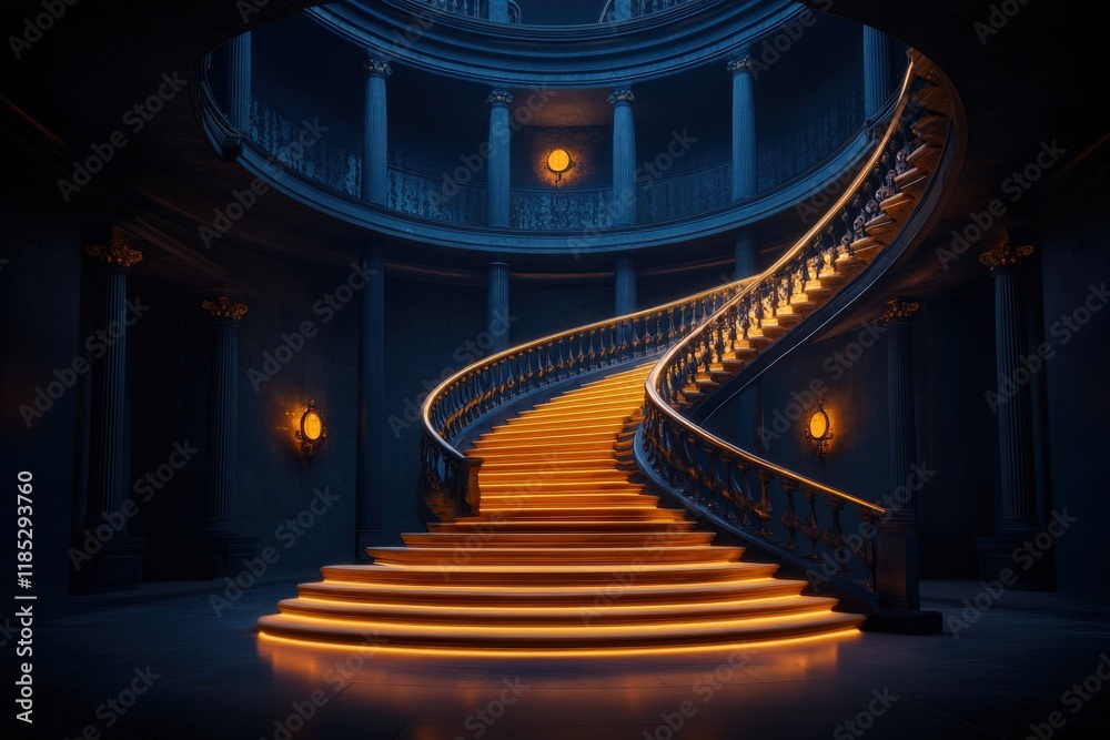 Obraz premium Illuminated grand spiral staircase with warm lighting in elegant interior