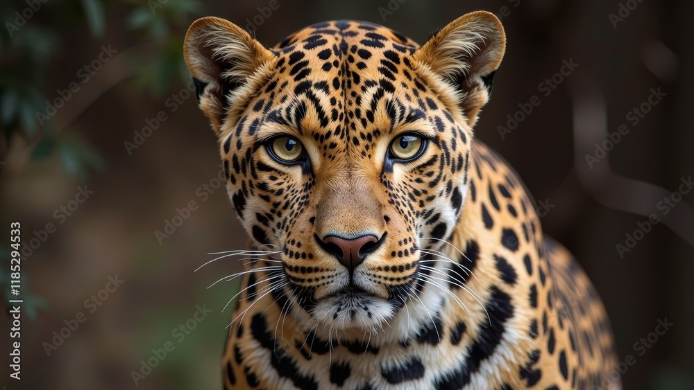 Obraz premium A piercing gaze from a majestic leopard, its emerald-green eyes locked onto the lens amidst a blurred outdoor backdrop, drawing you into its wild and intimate stare