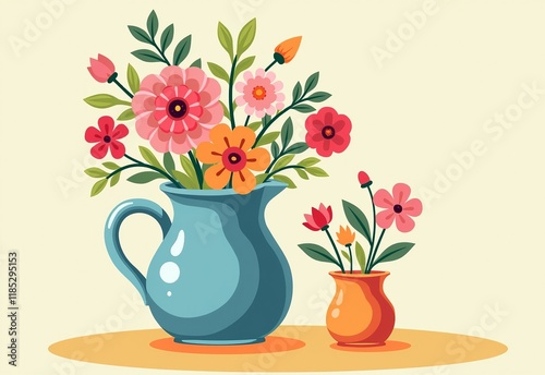 Wallpaper Mural Vibrant Cartoon Flower Jug with a Lush Bouquet: Perfect for Adding a Splash of Color to Your Art Collection Torontodigital.ca