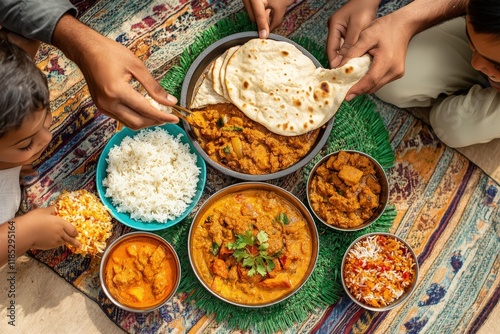 Family sharing traditional indian meal with various curries and rice