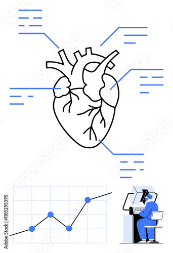 Anatomical heart outline with data labels, graph showing a line chart, and person analyzing data on a computer. Ideal for healthcare, medical research, innovation, technology, education, analysis