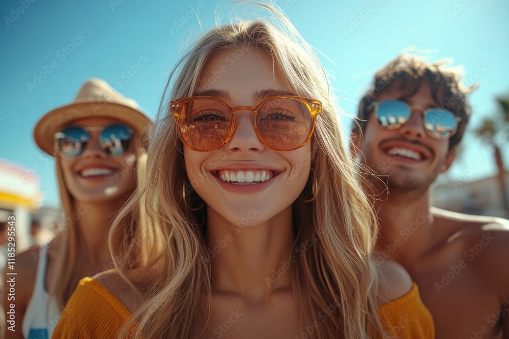 Joyful friends having fun together outdoors under a bright blue sky Joyful friends having fun together outdoors under a bright blue sky