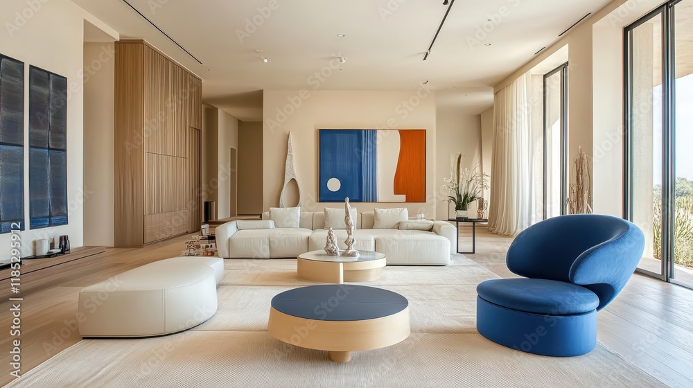 Fototapeta premium Minimalist living room, modern interior design, beige and blue color scheme, curved furniture, abstract wall art, warm lighting, wooden accents, cozy atmosphere, large windows, natural light, sleek co