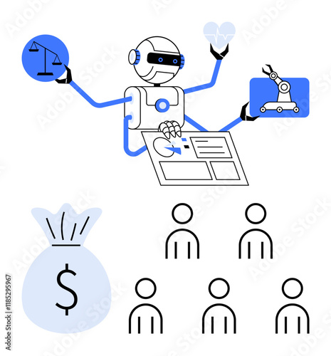 Robot with multiple arms symbolizes balance between justice technology healthcare, and finance. Icons represent scales, heart, robotic arm, money bag, and users. Ideal for AI, automation, robots