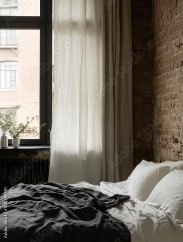 Dark linen bedding in a rus...