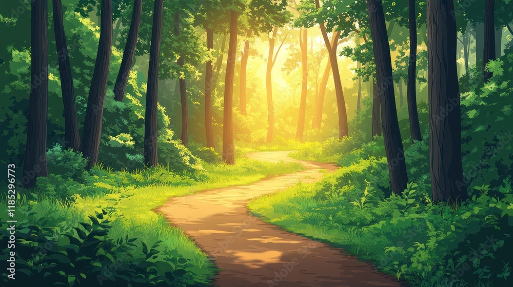 Fototapeta premium Sunlit path winding through lush green forest.