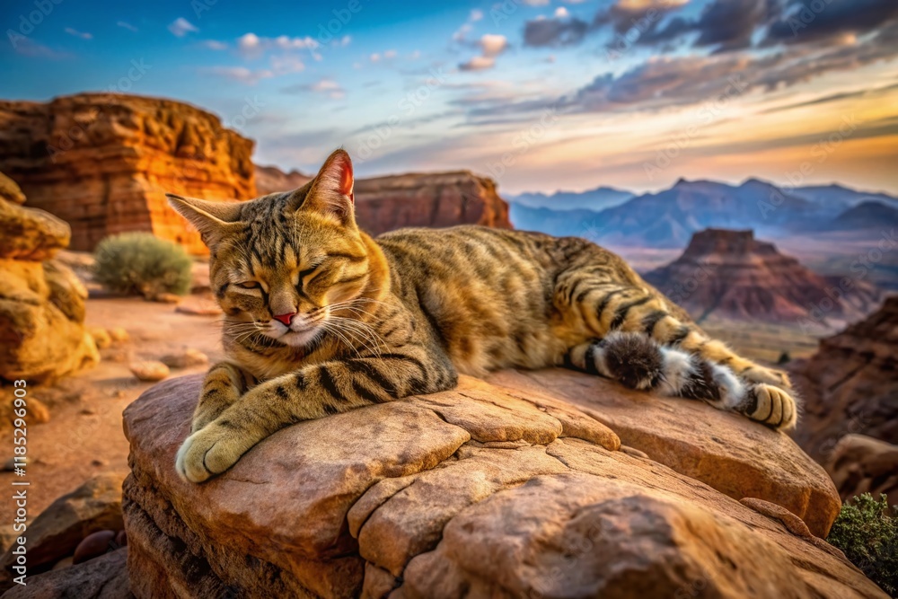 Majestic Desert Cat Siesta: Petra's Hidden Wildcat Resting on Rock Majestic Desert Cat Siesta: Petra's Hidden Wildcat Resting on Rock